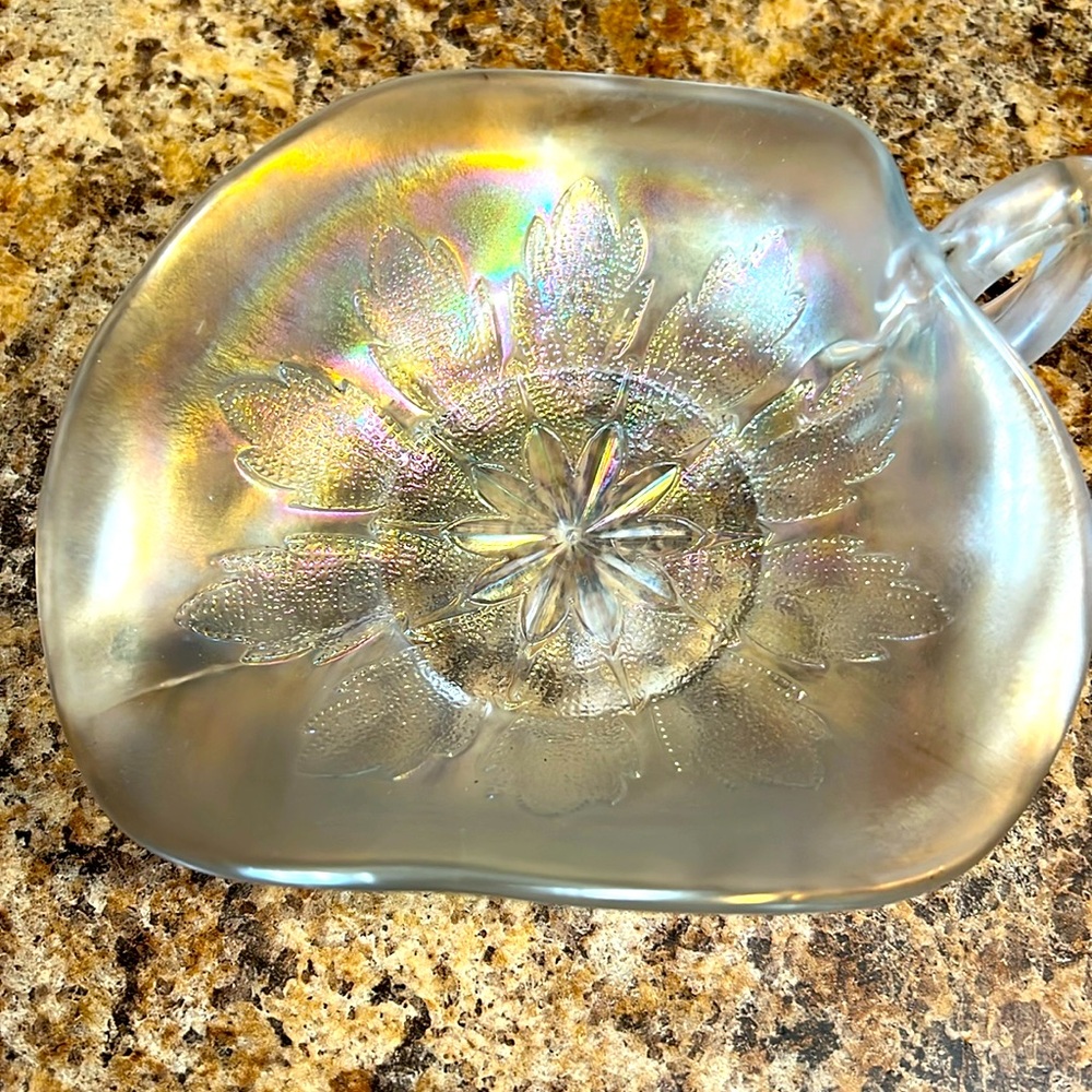 Antique Dugan Carnival Glass White Peach Opalescent Nappy Candy Dish w/ Handle